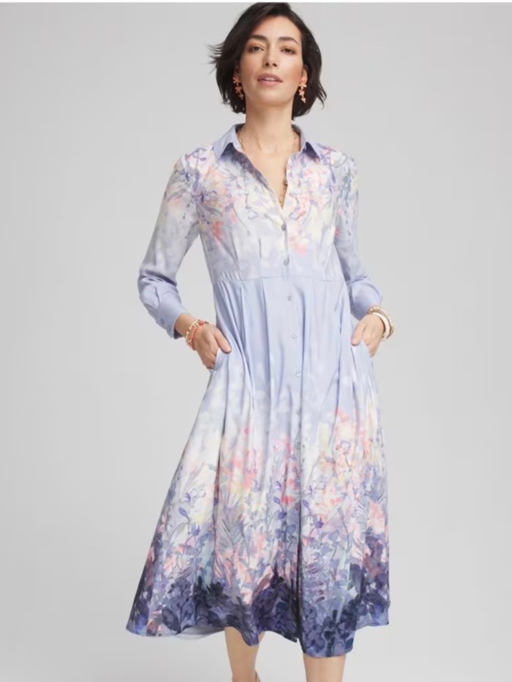 NWT Chico's Floral Matte Satin Midi Long Sleeve Shirtdress Dress Size 2.5 - Picture 3 of 16